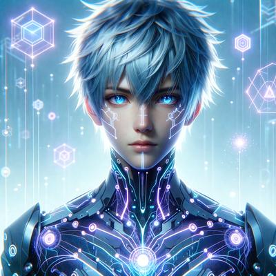 The primary subject of the image is a young man with white hair and blue eyes. He is wearing a futuristic outfit, which includes a silver and blue suit. The setting is a futuristic environment, with a backdrop of a blue and purple sky. The visual style is digital art, as the man is depicted in a computer-generated manner. The colors and mood of the image are predominantly blue and purple, creating a sense of futuristic and technological atmosphere.